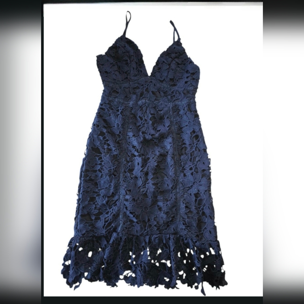 NWT Morning Mist Beautiful dark blue navy overlay lace dress women's size 10.